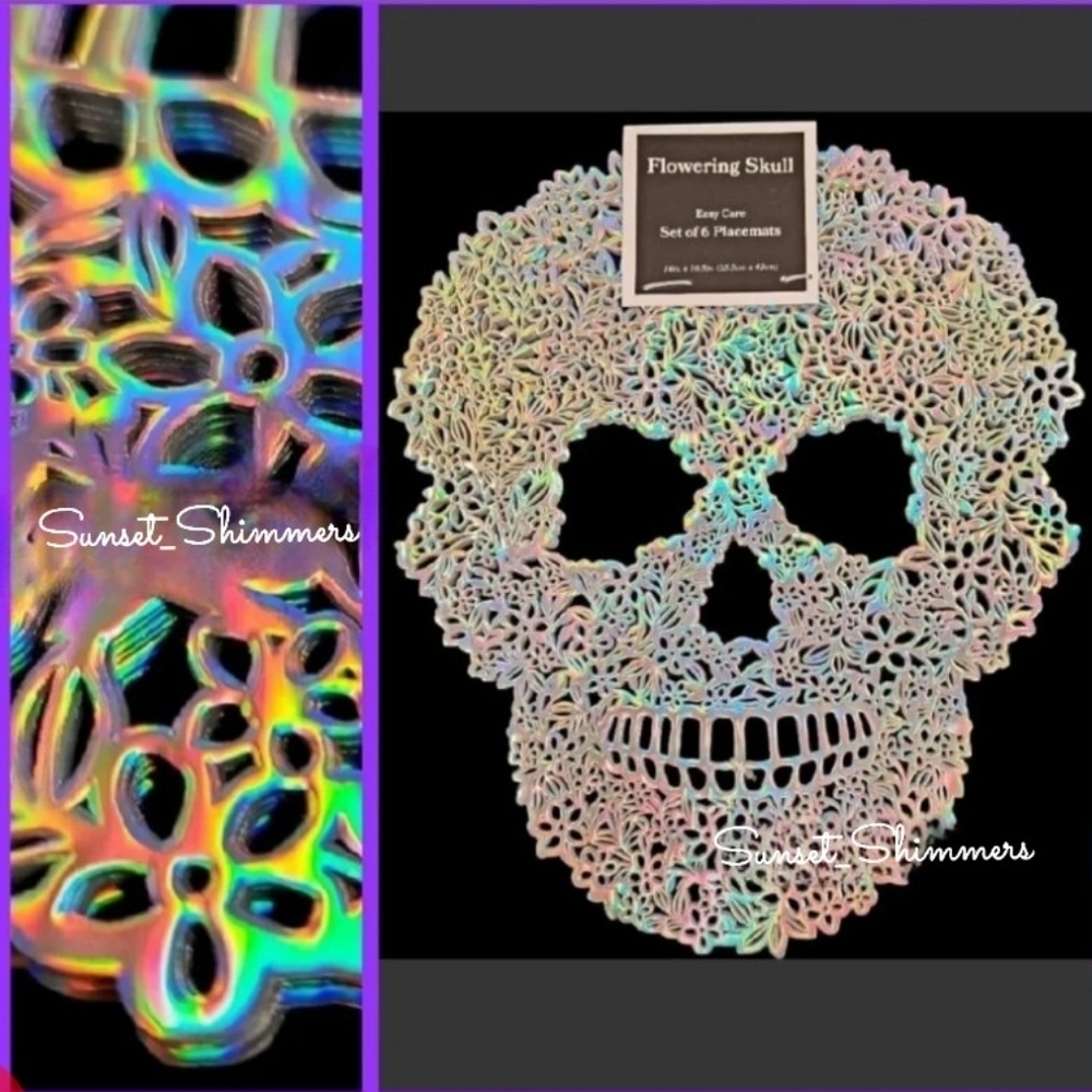 6pc Set Halloween Sugar Skull Day of Dead Metallic Iridescent Vinyl Placemat Set